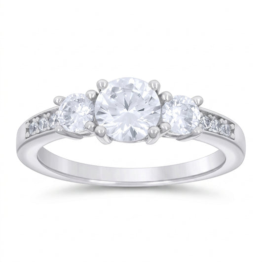 Sterling silver 3-stone engagement ring with white sapphires representing past present future