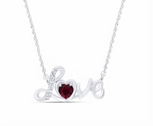 925 sterling silver heart necklace with 1/2 CTW lab-created ruby and white sapphire accents on white background
