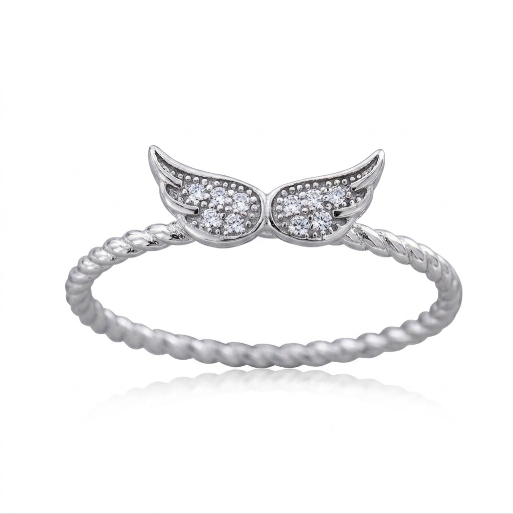Sterling silver angel wings ring with white sapphires