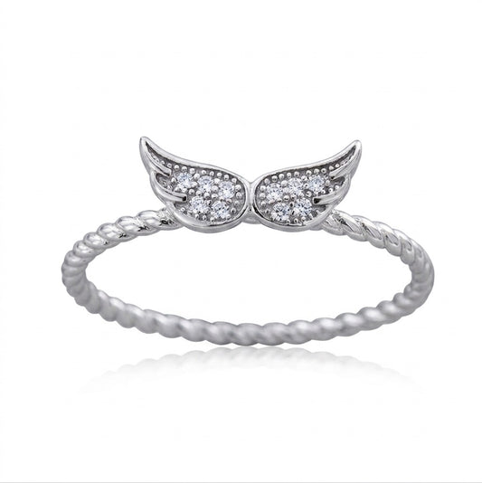 Sterling silver angel wings ring with white sapphires