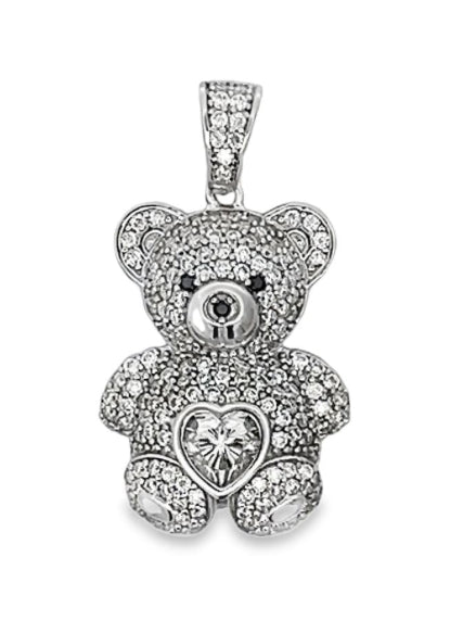 Sterling Silver Baby Teddy Bear Heart Charm with 1.66 Cttw Moissanite – Adorable Pendant for Kids and Adults.
