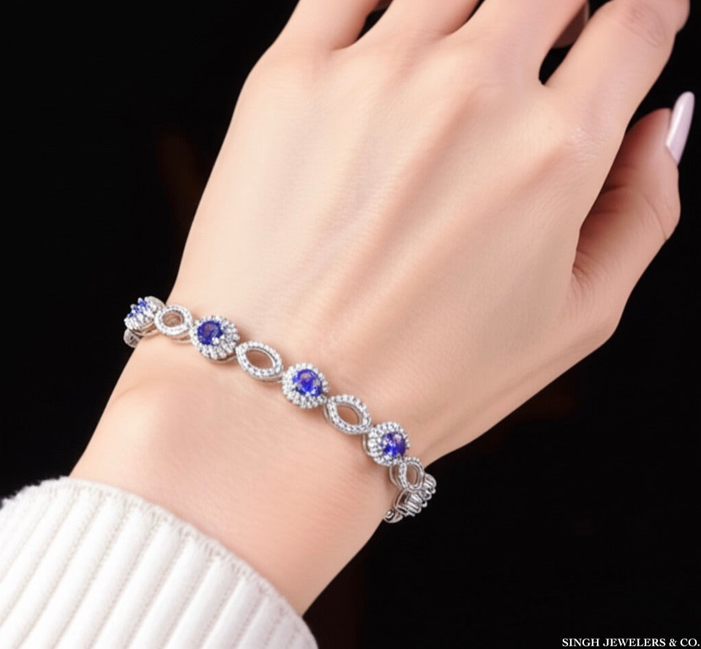 Woman wearing sterling silver Ceylon sapphire bracelet