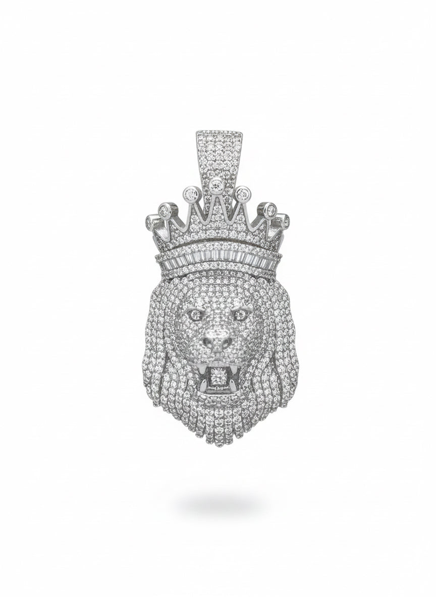Sterling silver crowned lion pendant with crown detail