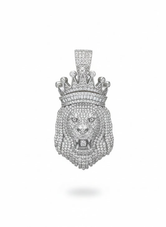 Sterling silver crowned lion pendant with crown detail
