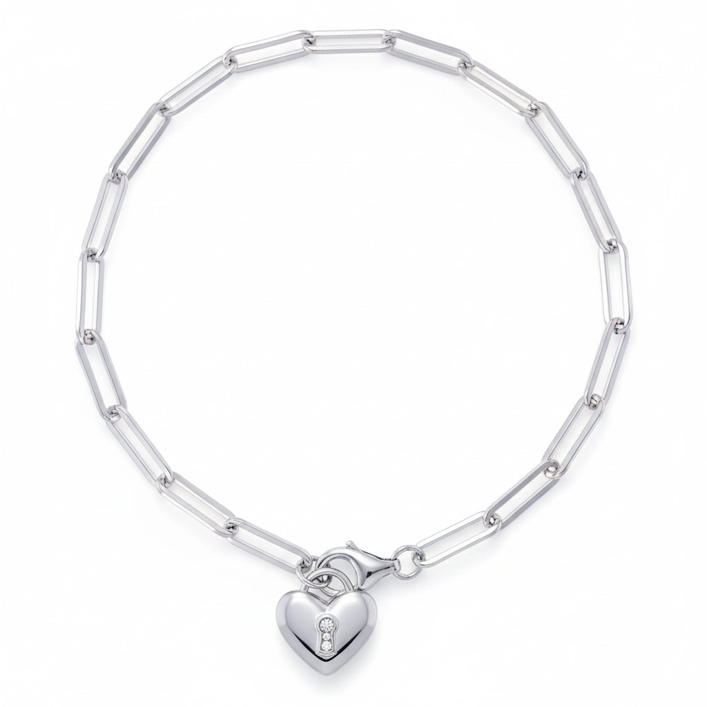 925 sterling silver paperclip bracelet with CZ heart charm for women