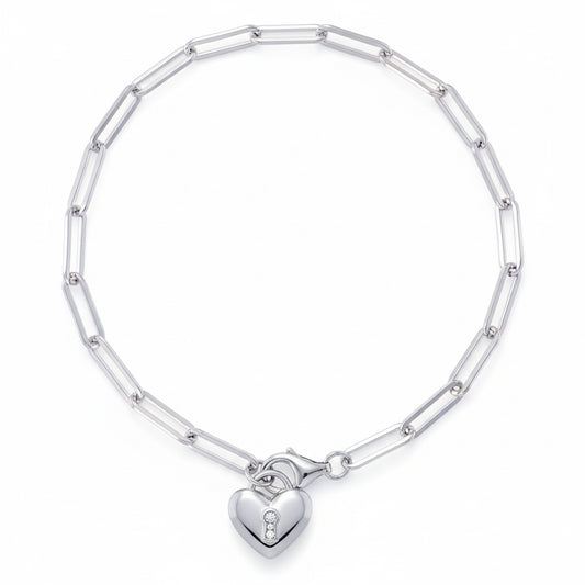 925 sterling silver paperclip bracelet with CZ heart charm for women