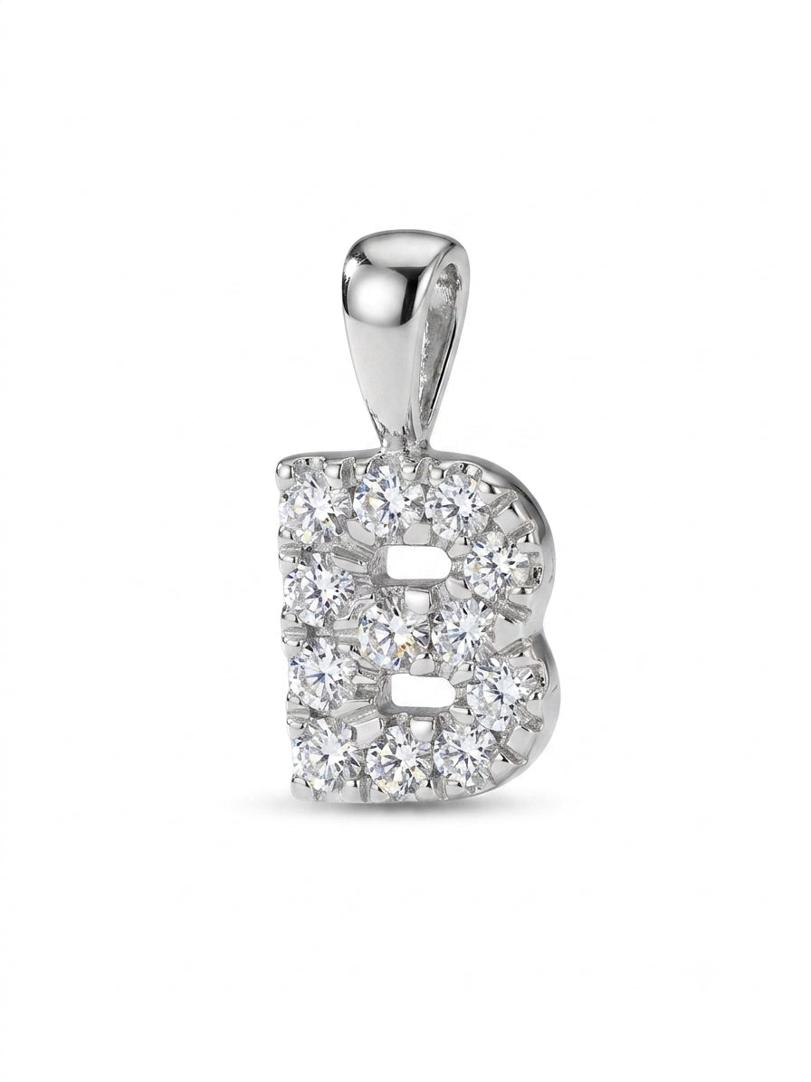 Sterling Silver CZ Letter B Initial Charm, approximately ½ inch in size, crafted in 925 sterling silver with cubic zirconia stones.