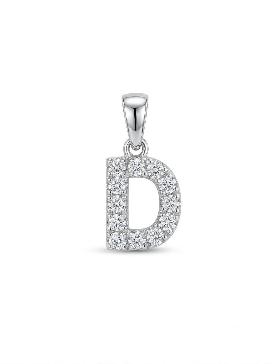 Sterling Silver CZ Letter D Initial Charm, approximately ½ inch in size, crafted in 925 sterling silver with cubic zirconia stones. Chain not included.