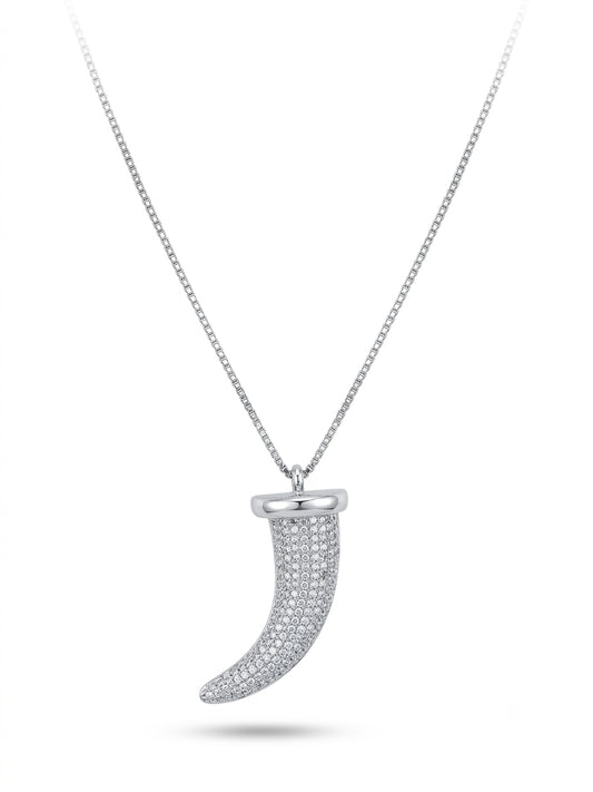 Close-up of Sterling Silver Lion Tooth pendant with cubic zirconia detailing