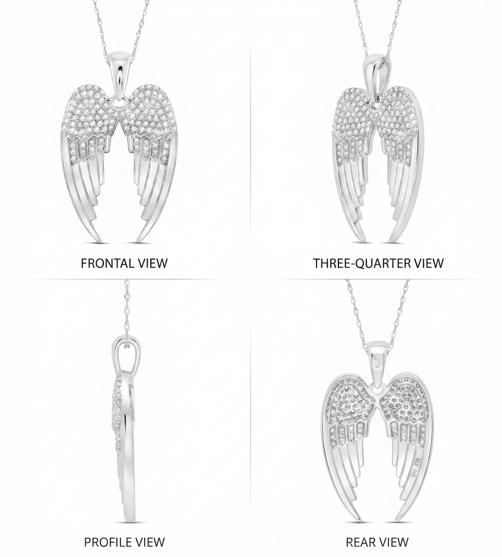 Sterling silver angel wings pendant with round diamonds