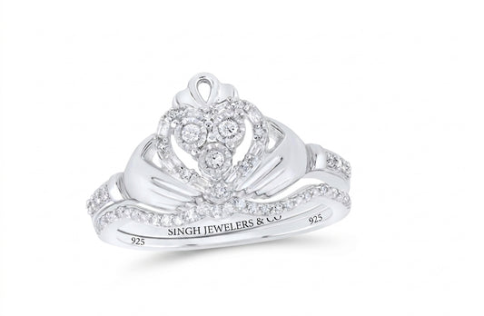 Front view of sterling silver diamond Claddagh bridal wedding ring set