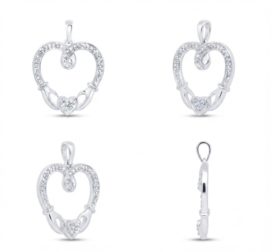 Four views of a sterling silver heart-shaped pendant with clear pavé stones and a central heart detail, shown on a white background.
