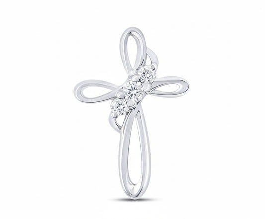 Silver cross pendant with clear stones on a white background