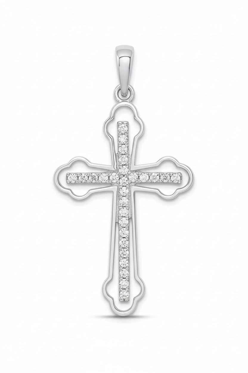 Silver cross pendant with small diamonds on a white background