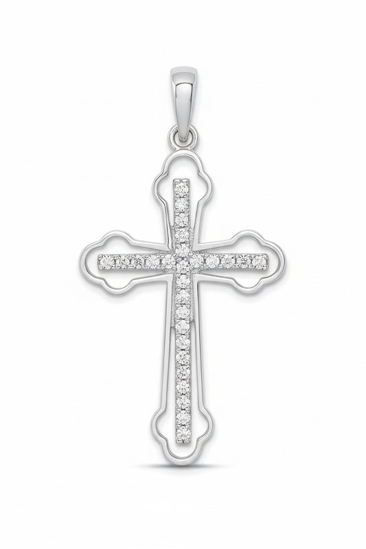 Silver cross pendant with small diamonds on a white background