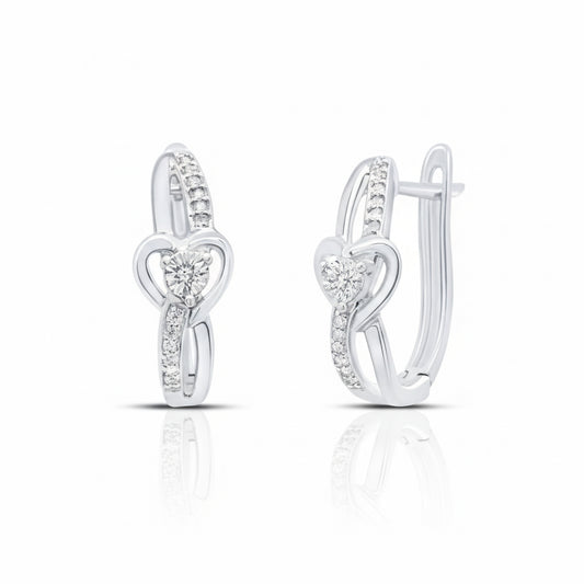 Sterling silver heart hoop earrings with round diamonds