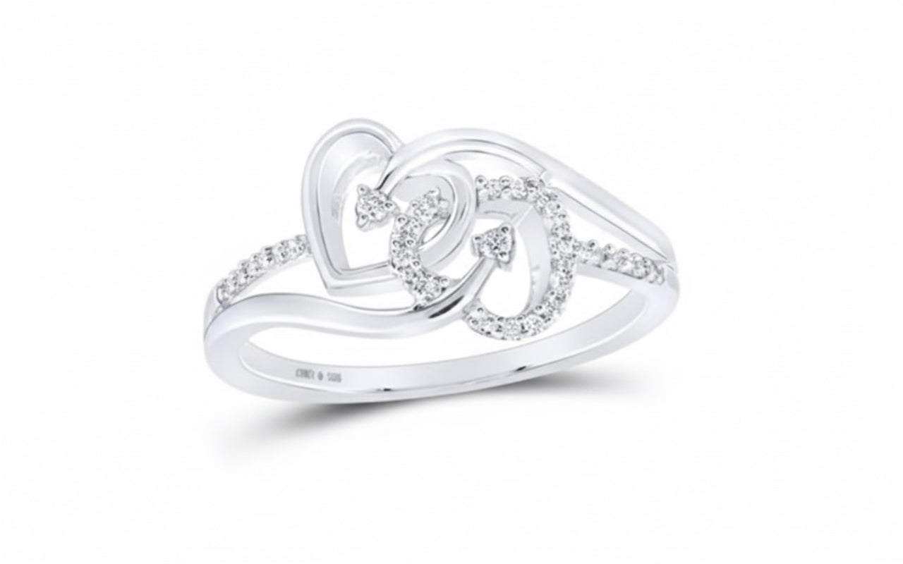 Sterling Silver 925 double heart diamond promise ring with 1/10 CTW diamonds