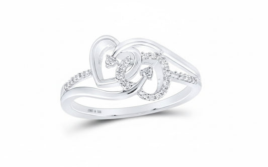 Sterling Silver 925 double heart diamond promise ring with 1/10 CTW diamonds
