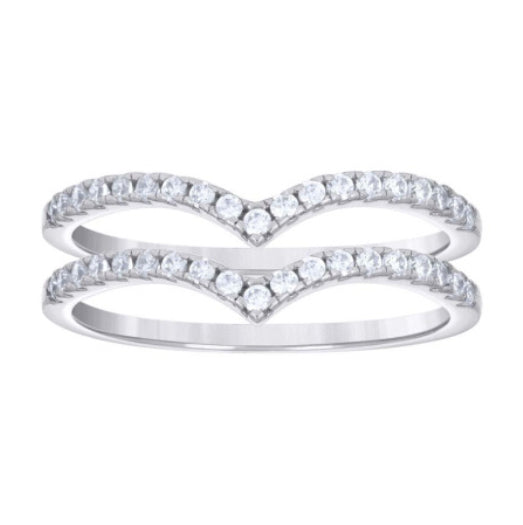 Sterling Silver Double V-Shaped White Sapphire Stackable Band, perfect for stacking with other rings or wearing solo. Features two rows of brilliant white sapphires. 
