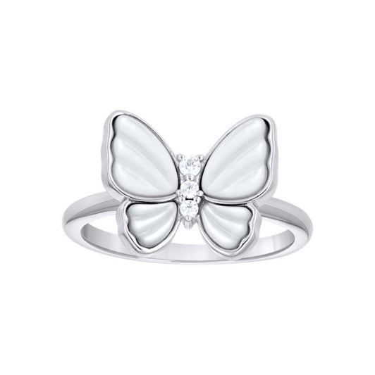 Sterling Silver Enameled Butterfly Ring with CZ Stones, elegant and colorful design.