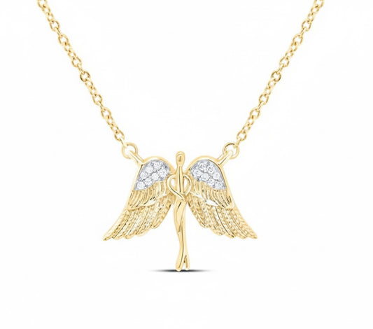 Gold necklace with an angel wing pendant on a white background