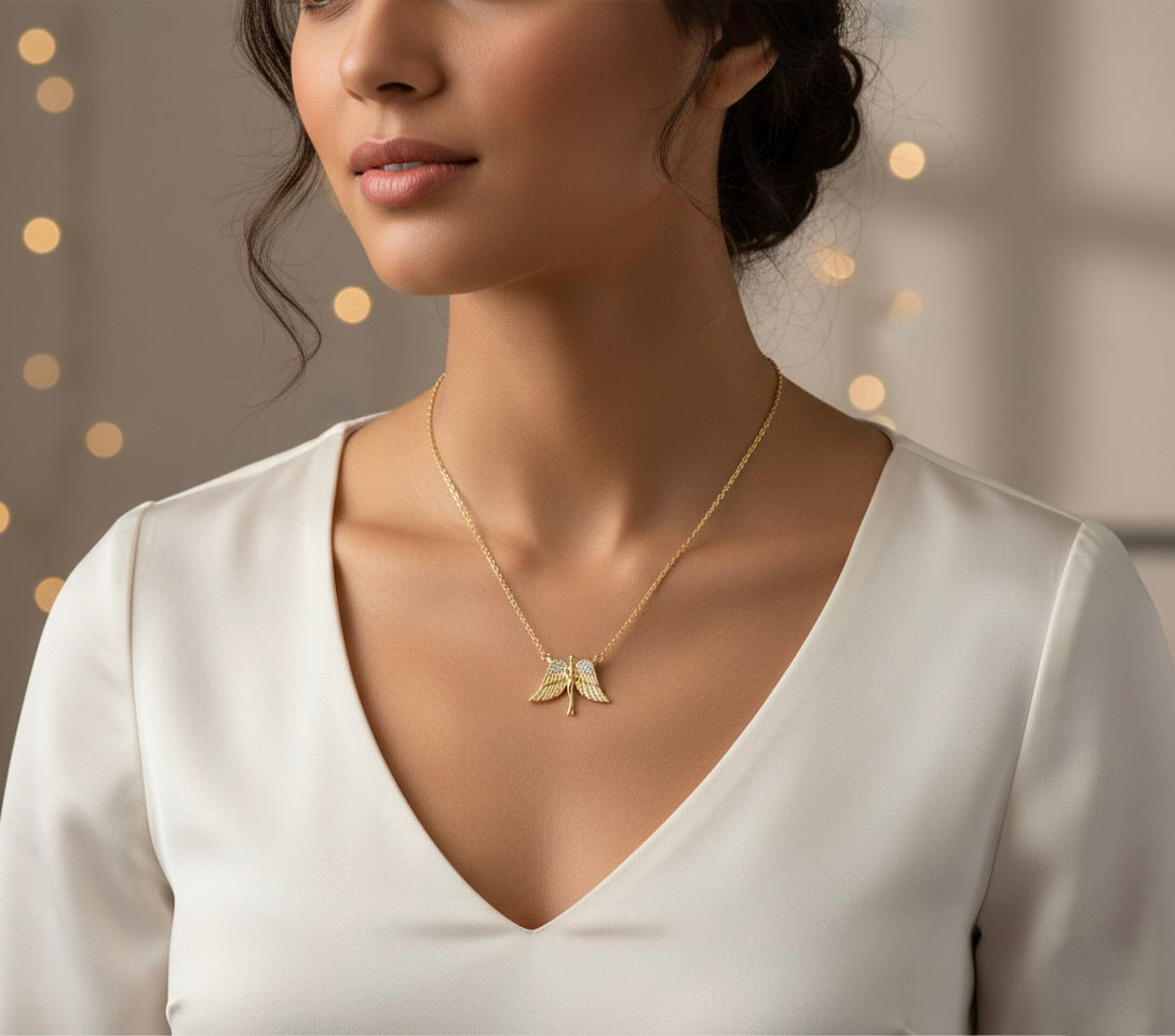 Sterling silver gold overlay angel necklace with 1/20 carat natural diamonds on 18-inch chain
