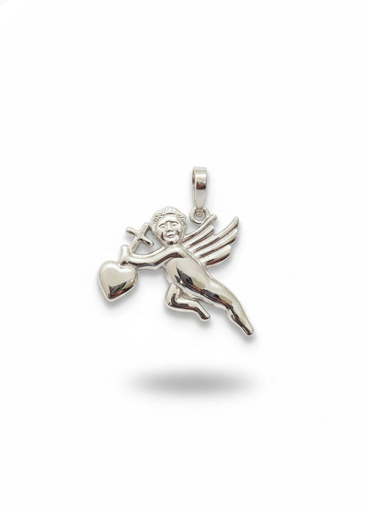Sterling silver heart cross cupid charm symbolizing love and faith