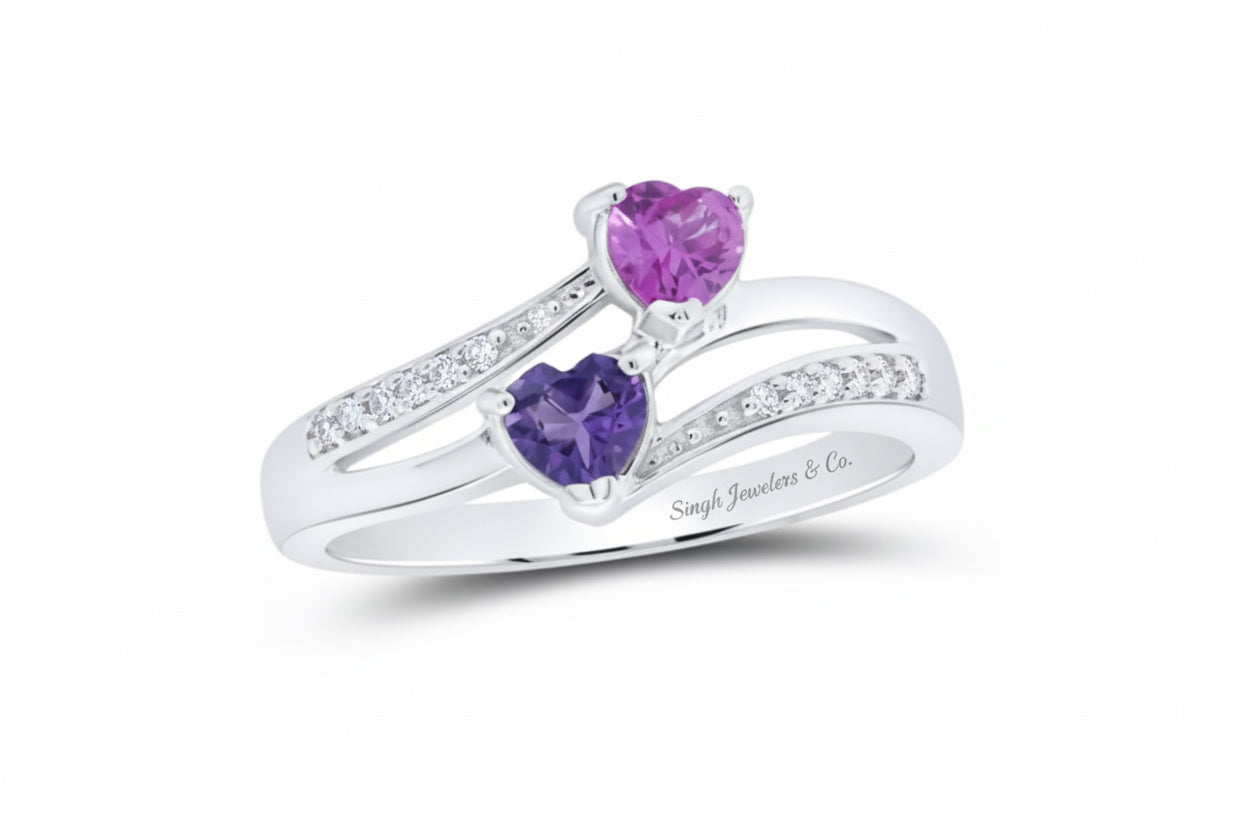 Sterling silver bypass heart ring with lab-created pink sapphire and amethyst