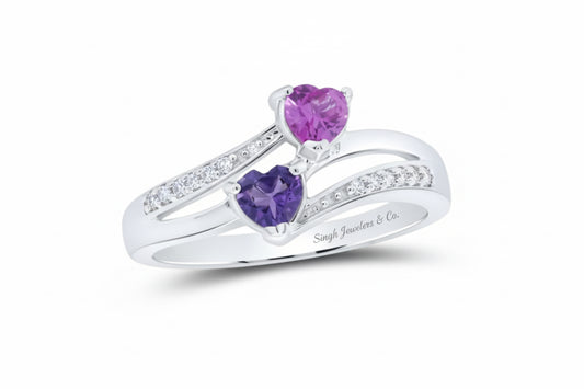 Sterling silver bypass heart ring with lab-created pink sapphire and amethyst