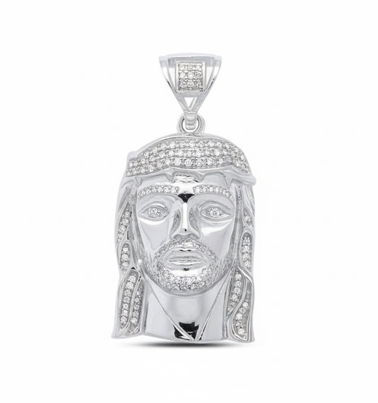Sterling silver Jesus face charm pendant with diamond accents, 1/4 carats