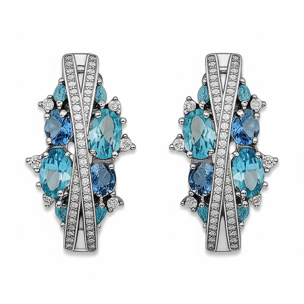 Sterling silver leverback hoop earrings with synthetic blue topaz and white sapphires
