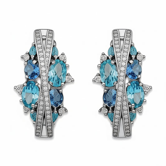 Sterling silver leverback hoop earrings with synthetic blue topaz and white sapphires