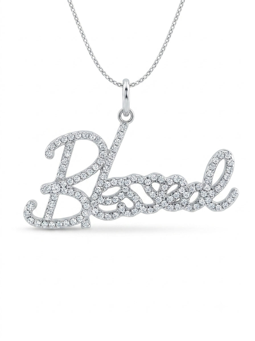 Sterling Silver Moissanite Blessed Charm pendant with brilliant sparkle