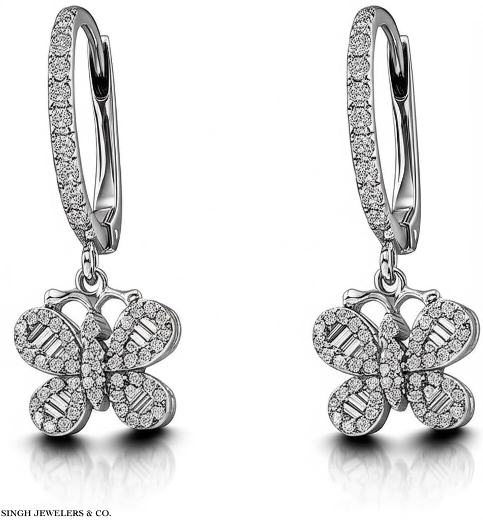 Sterling silver 3.52 CT moissanite butterfly hoop earrings with sparkling finish
