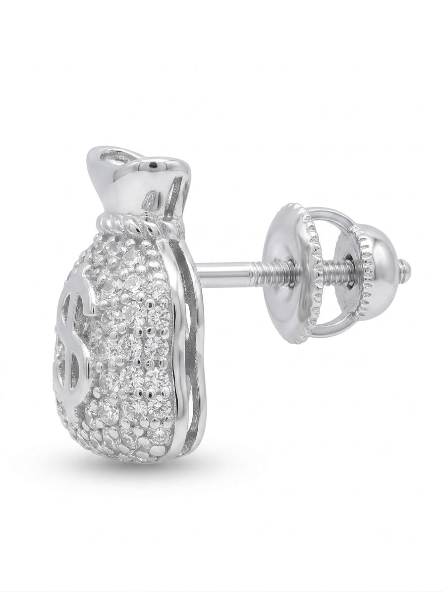 Sterling silver moissanite dollar sign money bag stud earrings