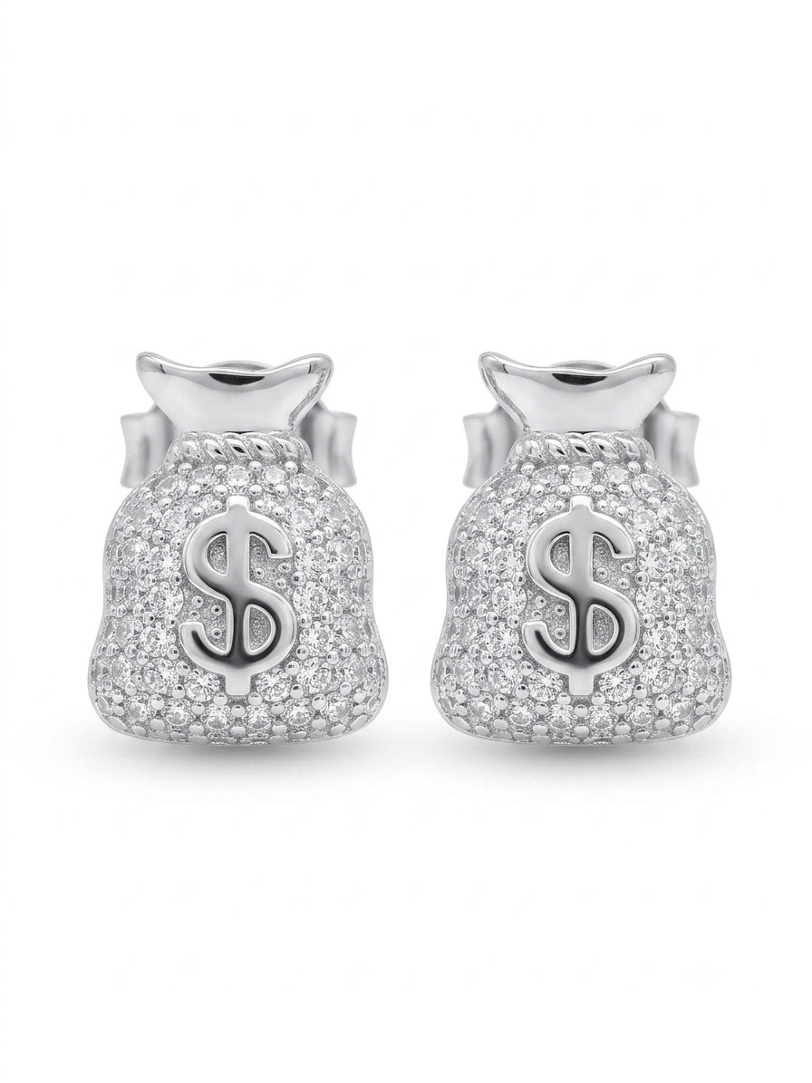 Close-up of sterling silver moissanite dollar sign money bag stud earrings