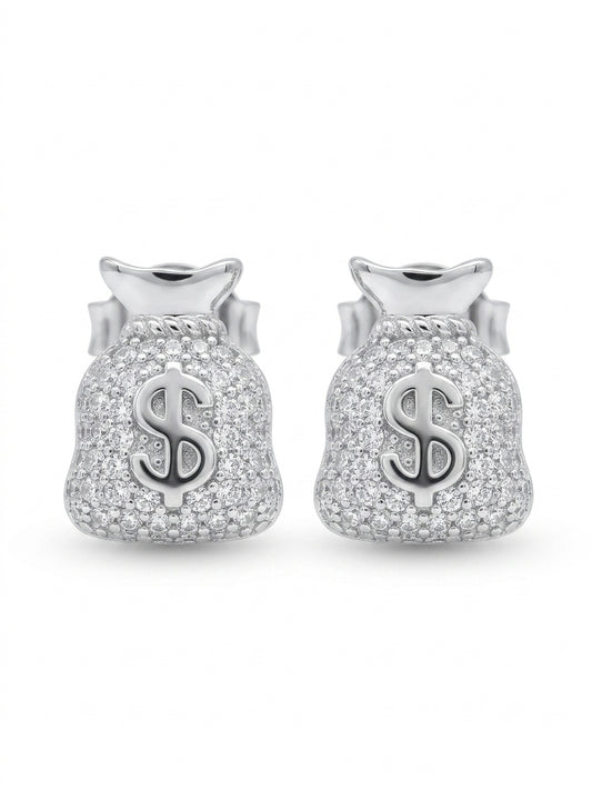 Close-up of sterling silver moissanite dollar sign money bag stud earrings