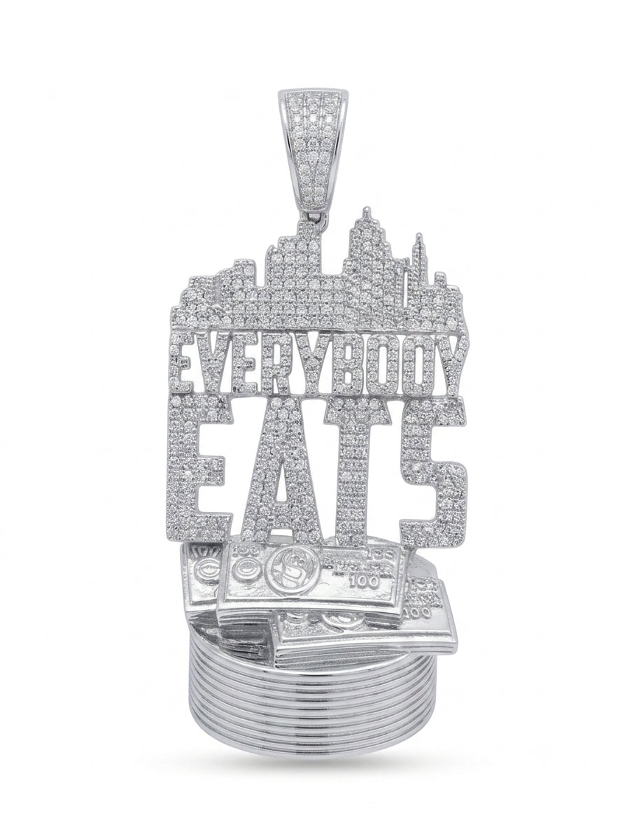 Iced Out Everybody Eats Charm in Sterling Silver