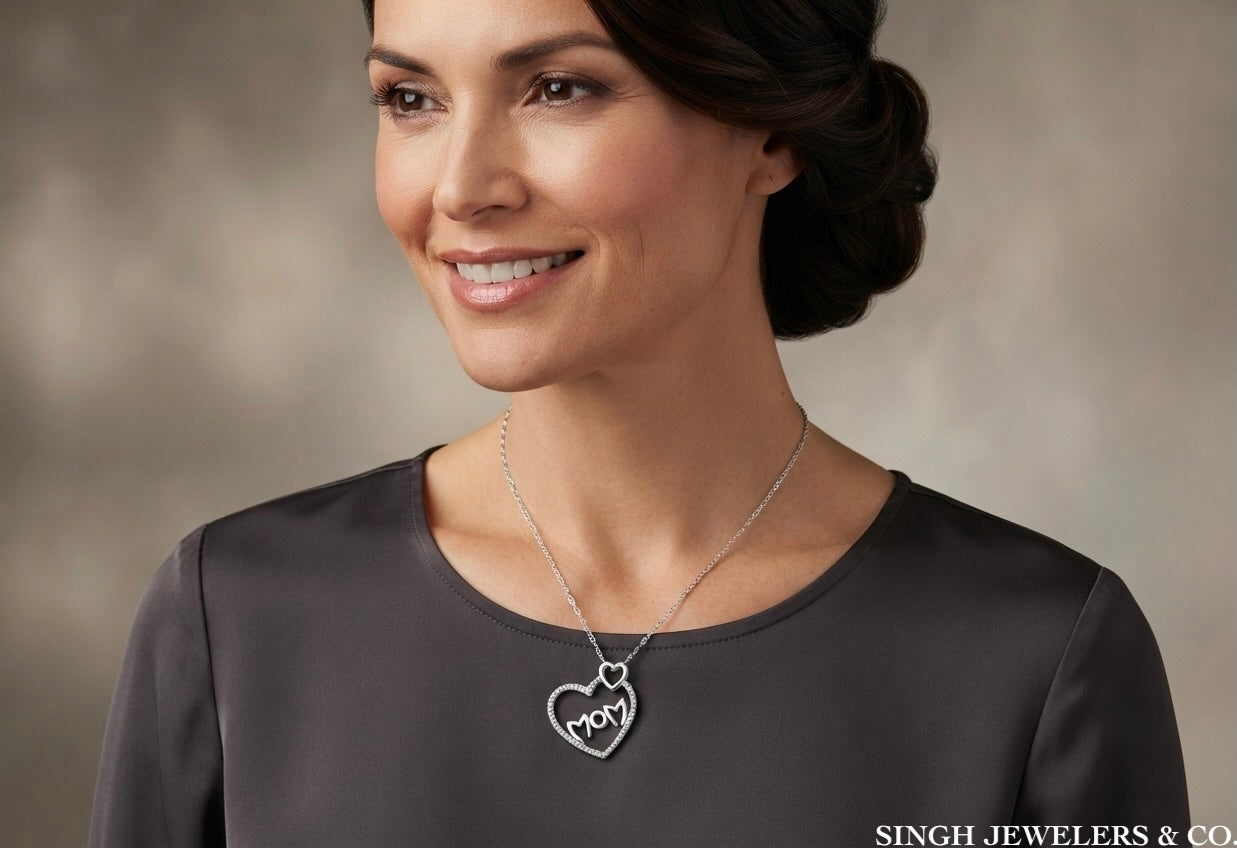 sterling silver mom diamond pendant on a woman 