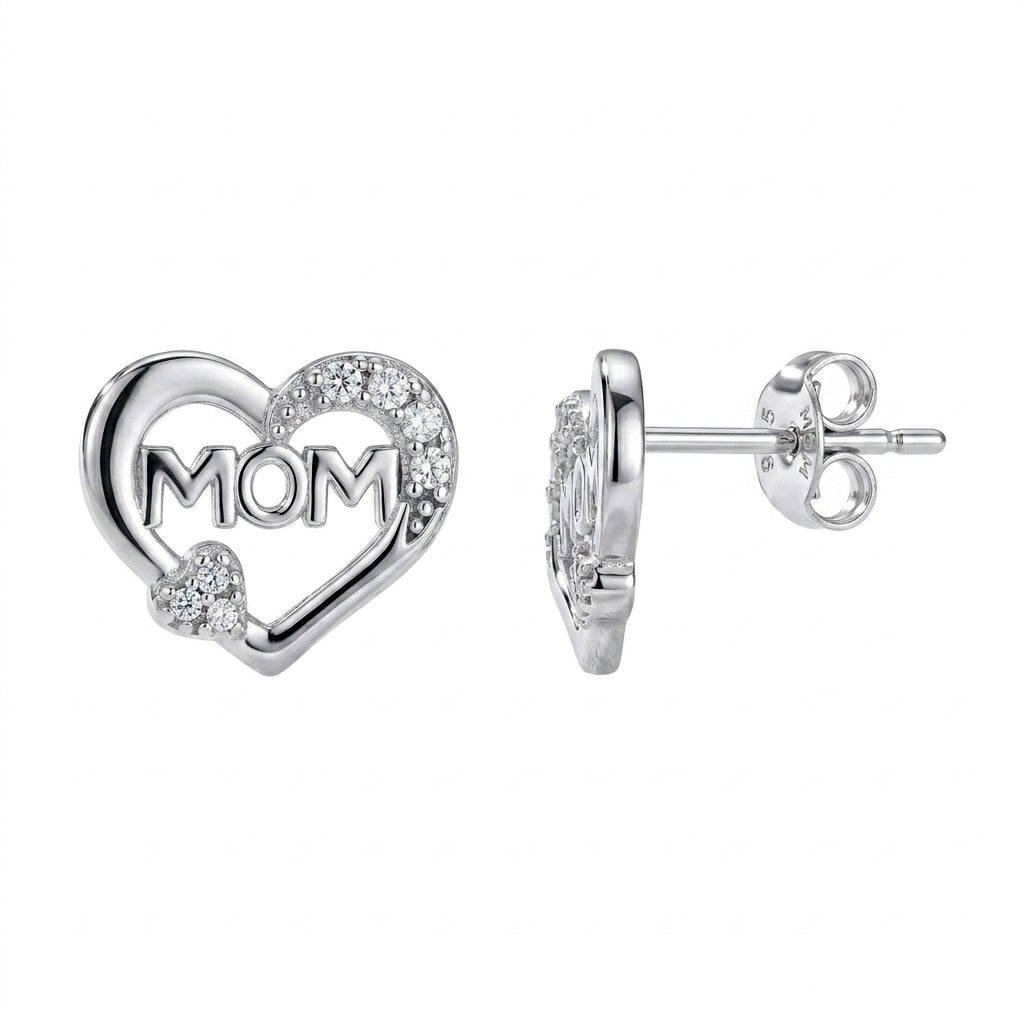 Sterling silver heart-shaped mom earrings with white sapphires gift for mother