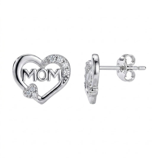 Sterling silver heart-shaped mom earrings with white sapphires gift for mother