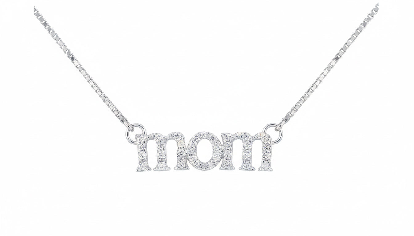 Sterling silver MOM necklace with round diamond pendant, 1/20 CTTW