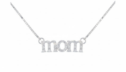 Sterling silver MOM necklace with round diamond pendant, 1/20 CTTW