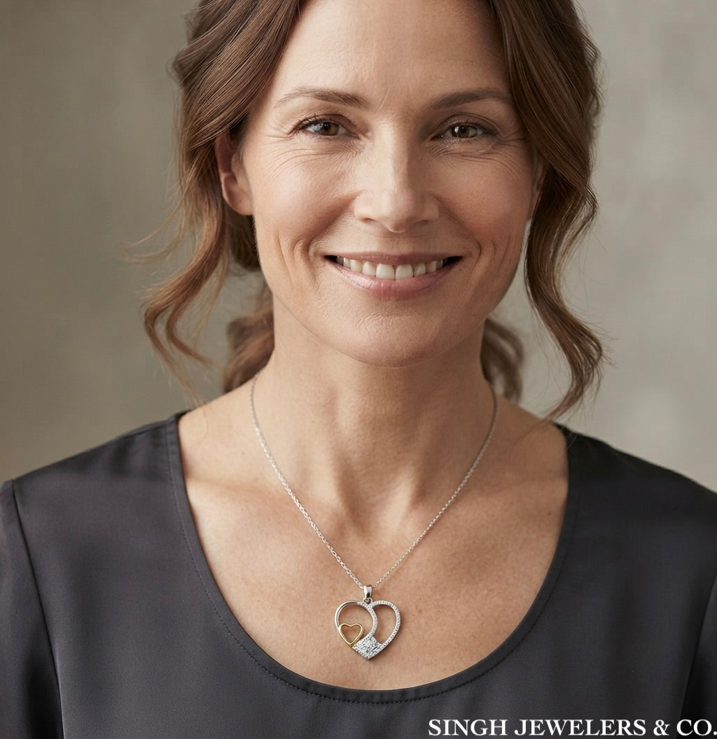 Sterling Silver Natural Diamond Heart Pendant with 0.02 CTTW Diamonds on a woman 