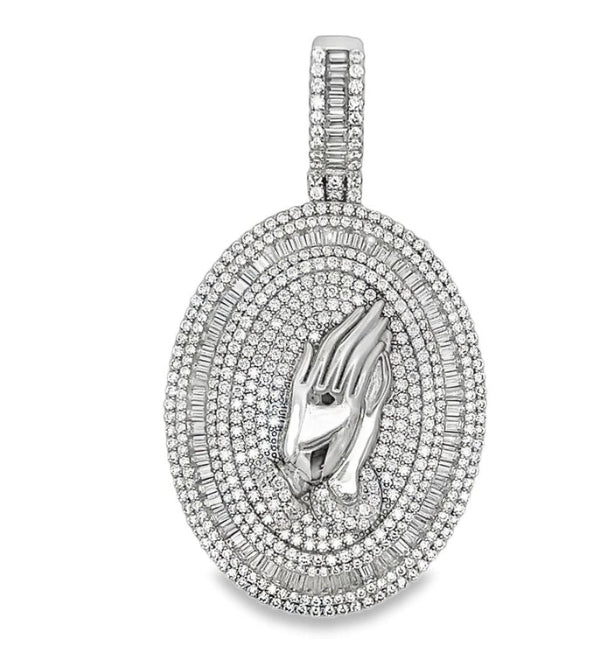 Sterling Silver Oval Praying Hands Pendant with 7.95 Cttw Moissanite Stones, iced out design