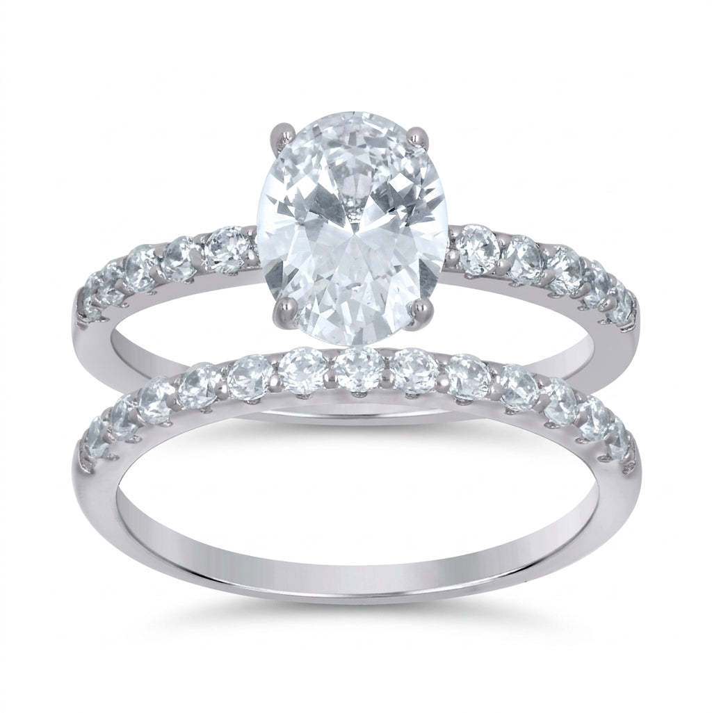 Sterling silver oval white sapphire duo ring set