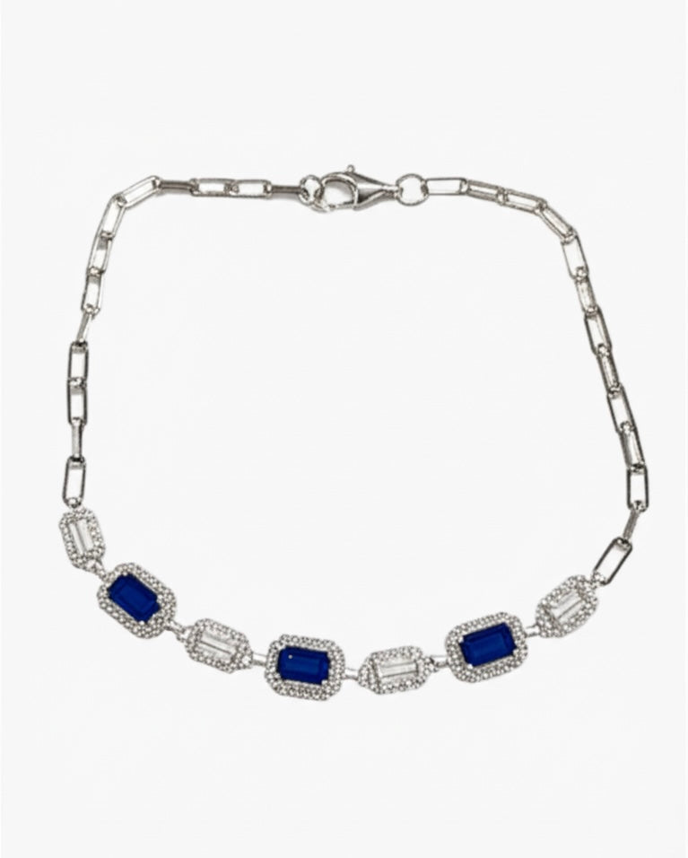 Sterling silver paper clip bracelet with blue cubic zirconia stones, stylish and elegant jewelry for women