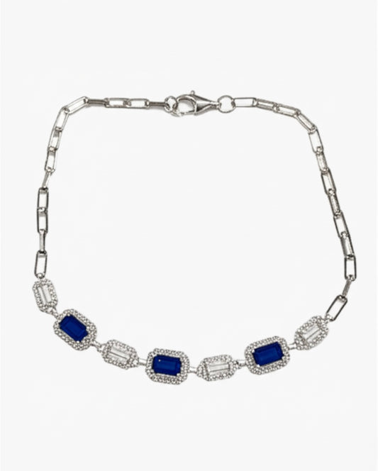 Sterling silver paper clip bracelet with blue cubic zirconia stones, stylish and elegant jewelry for women