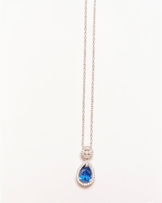 Sterling silver necklace with pear-shaped blue topaz CZ pendant