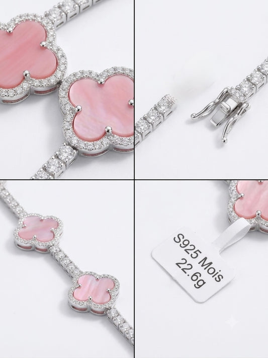 Pink clover moissanite bracelet in sterling silver for women